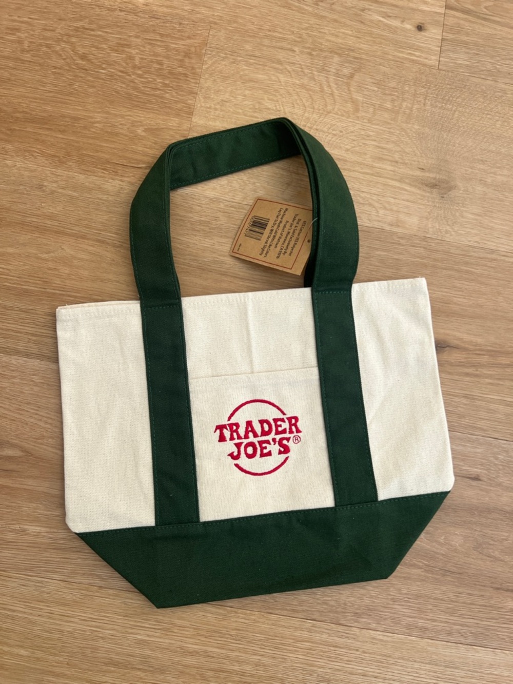 Trader Joe's Mini Cream Canvas Tote with Dark Green Accents and Red Logo